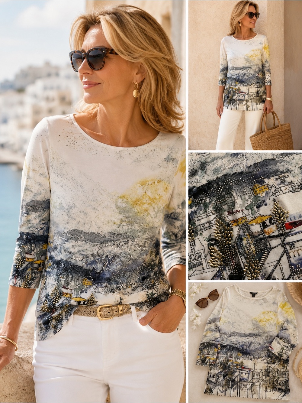 St. John Collection RARE Embellished Wearable Art Cityscape Luxury Knit Top Sz L